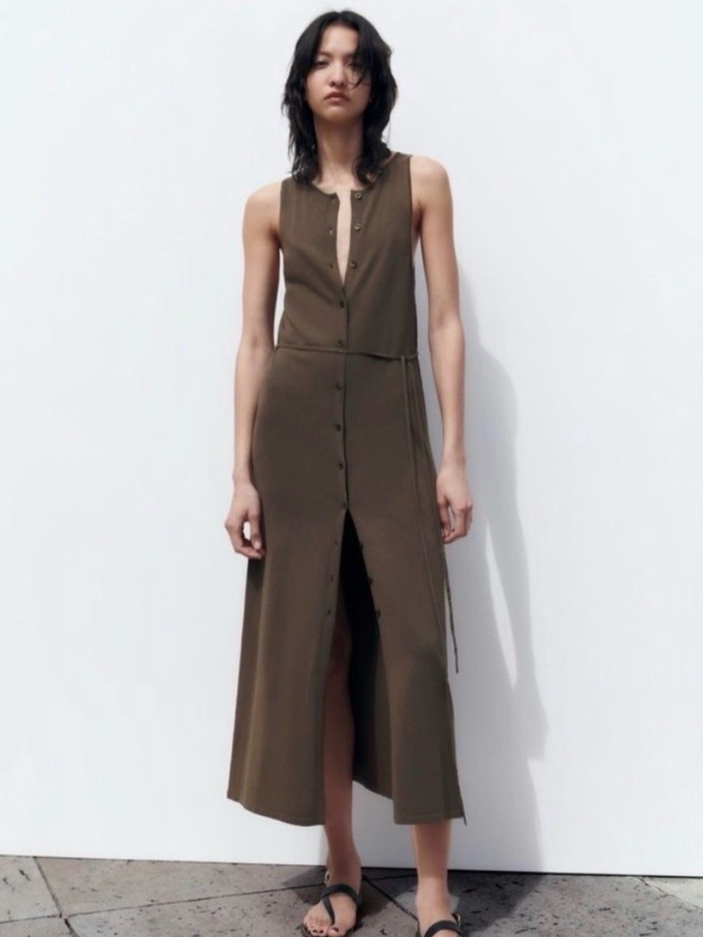 Zara Olive Green Sleeveless Midi Button-Front Dress